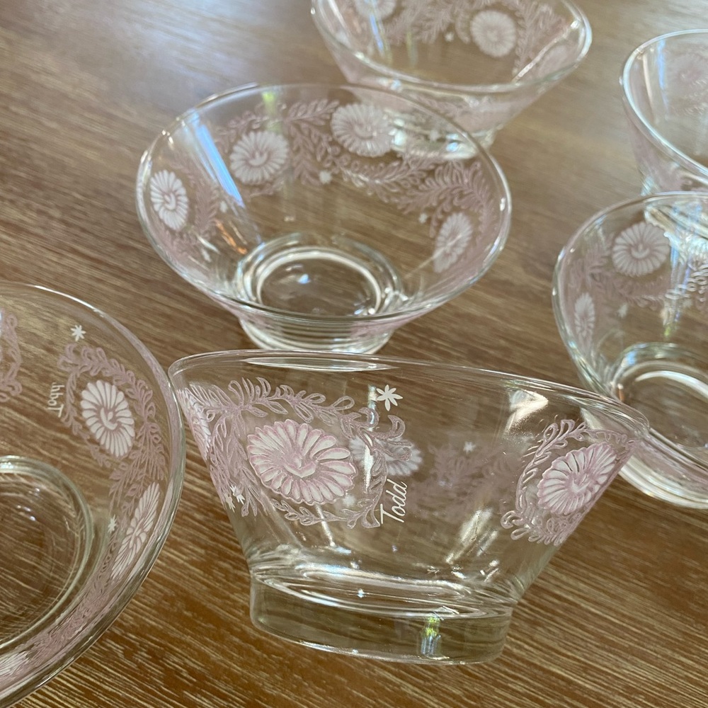 Vintage Glass Todd Floral Vine Patterned Clear Glass Bowls Set of 6